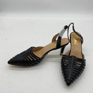FSJ Black Pointy Toe Cutout Mid Heel Slingback Sandal Dress Shoes